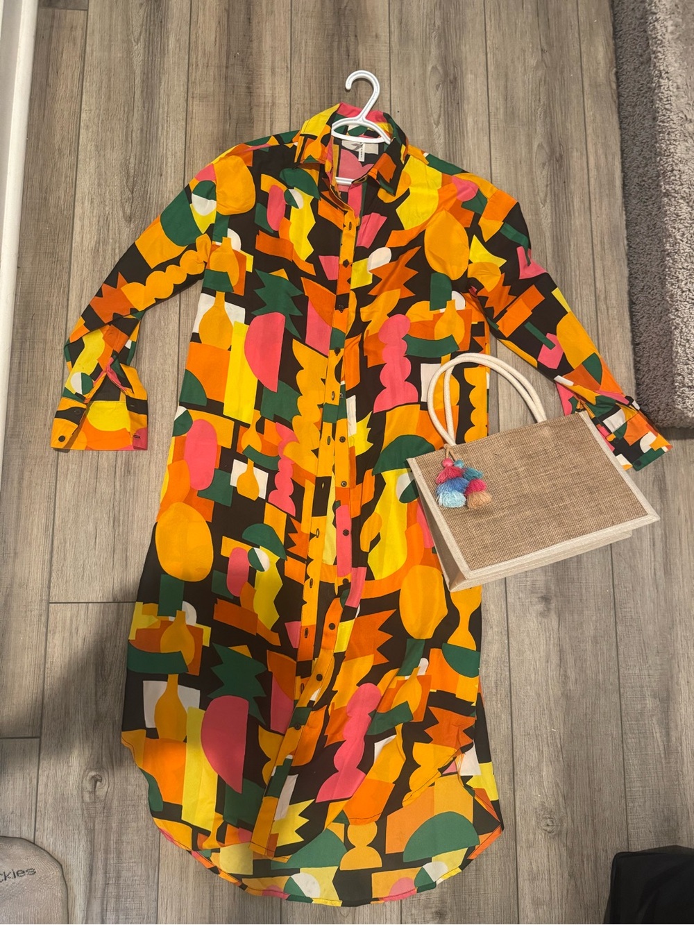 Multicolor Geometric Long Sleeve Shirt Dress - Yellow, Pink & Green-